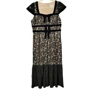Just Me Womens Black Lace Witchy Grunge Whimsigoth Velvet Bows Midi Dress M